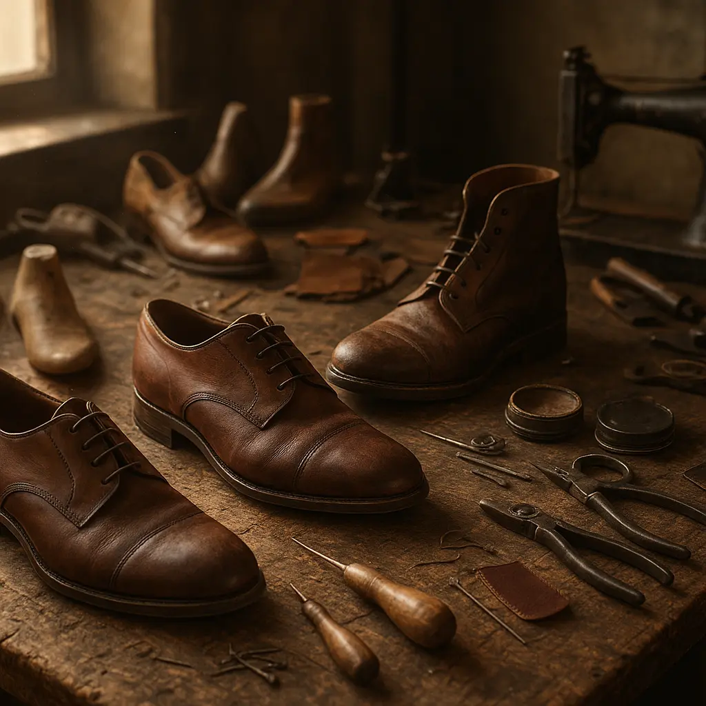 Werkbank im Schuhreparatur-Atelier mit Werkzeugen und Lederschuhen
