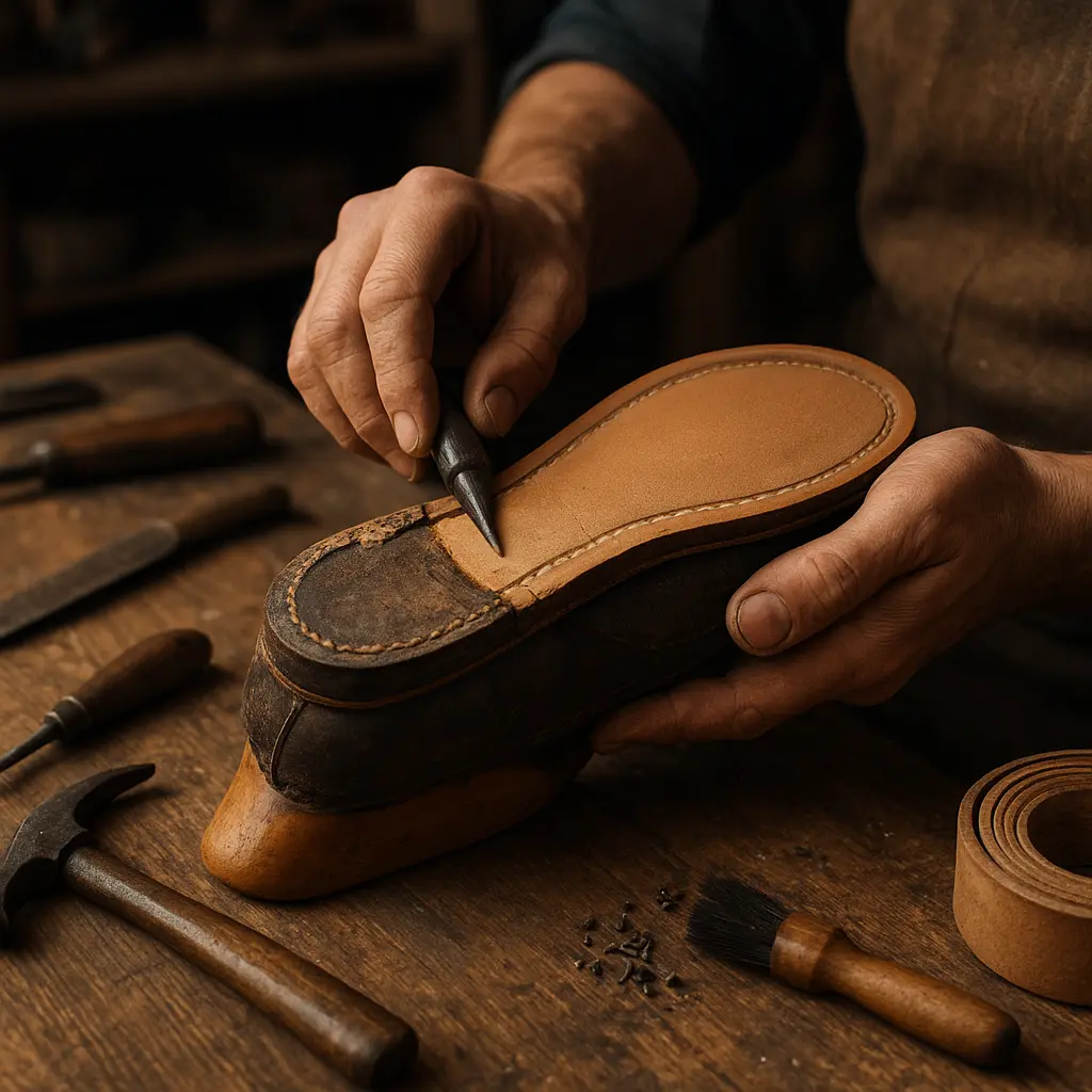 Sohlentausch an einem Schuh mit professionellem Werkzeug